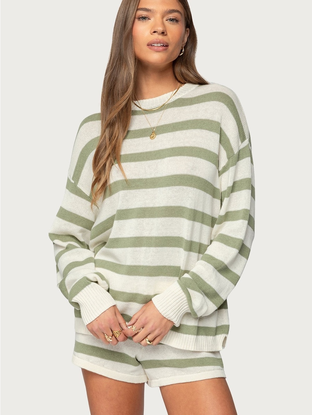 Edikted Amaris Oversised Sweater - Olive & Cream